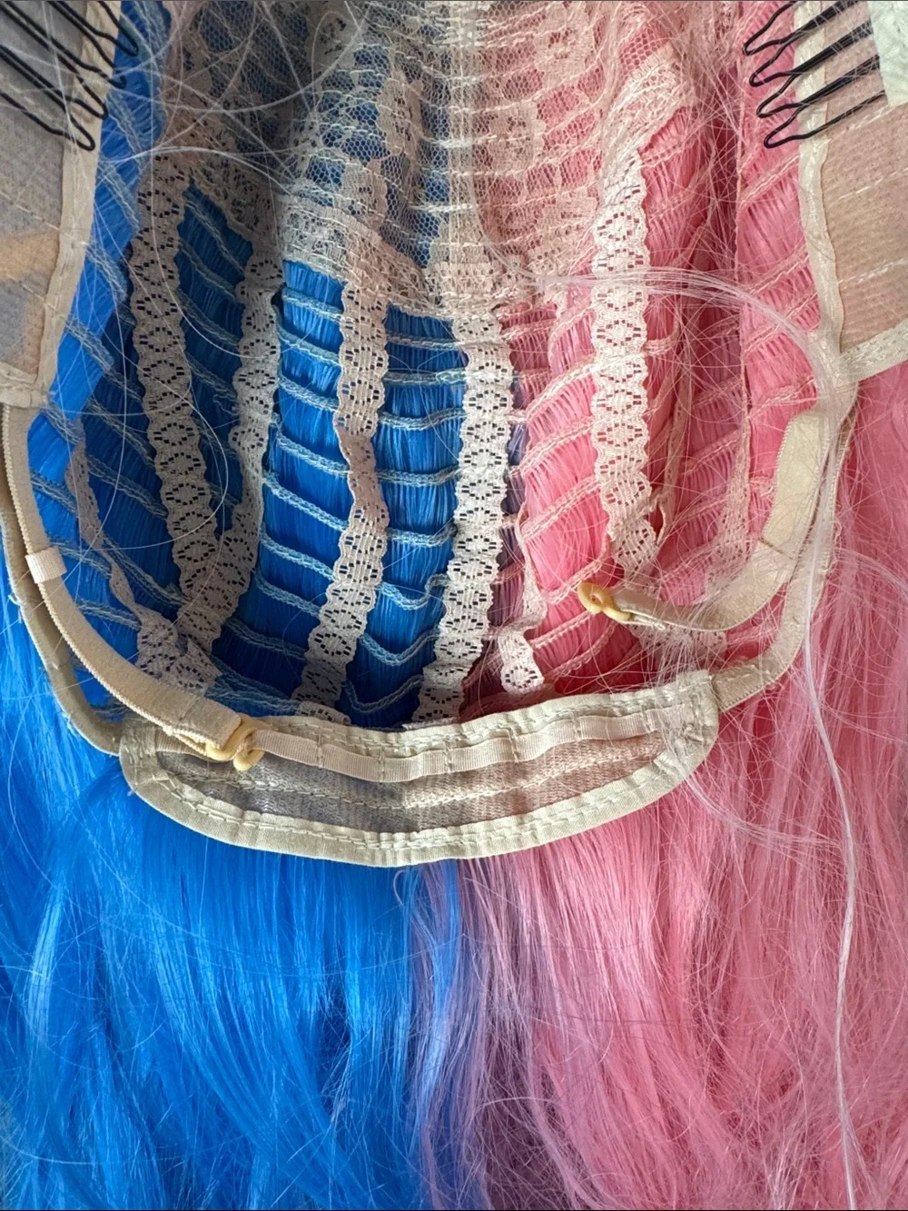 Harley Quinn Blonde Pink Blue Long Curly Cosplay Wavy 30in Synthetic Wig